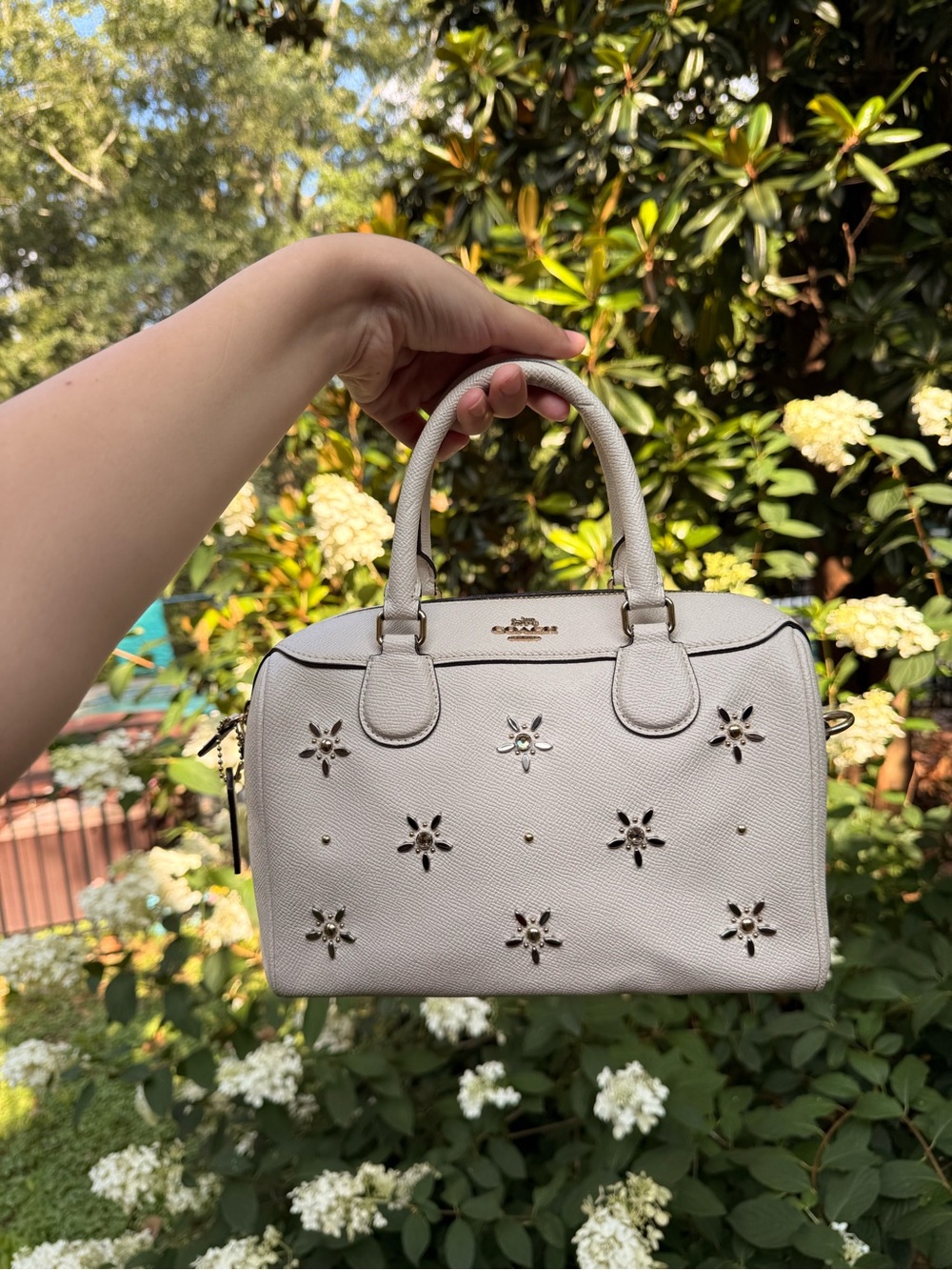 Coach Cream Leather Floral Cutout Satchel with Stud leather Accents